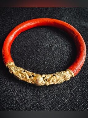 Vintage Chinese Carved Cinnabar Cloisonné Enamel Bangle Bracelet MCM
